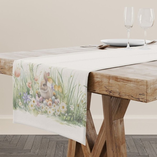 Napron Paste 40x150 cm bumbac 100% Tuli cu flori, iepurasi si oua pastelate
