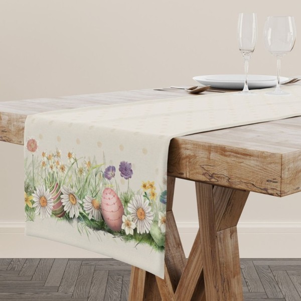 Napron Paste 40x200 cm bumbac 100% Egly cu flori de primavara si oua decorative