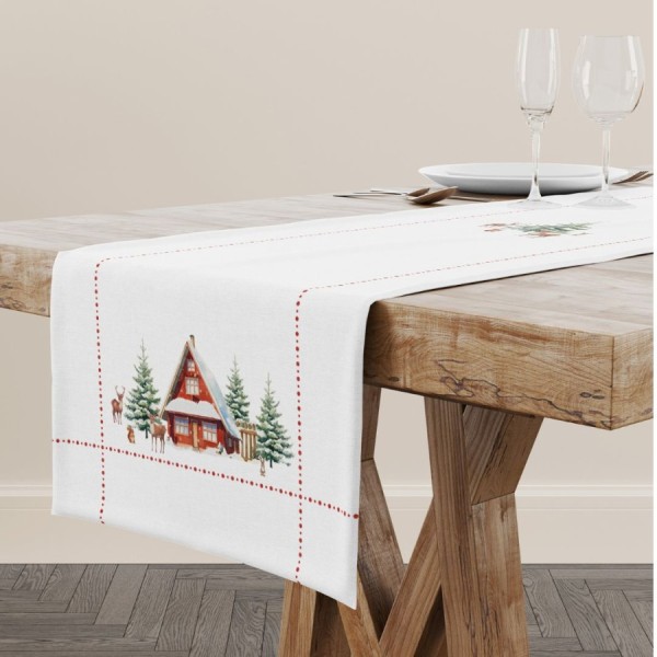 napron craciun cabin bumbac 100% 40x150cm cu cabane si brazi