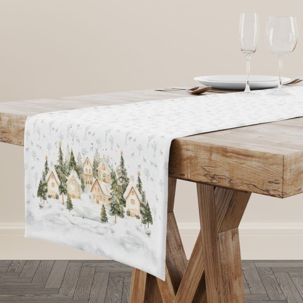 Napron craciun snowy bumbac 100 cu brazi si casute 40x150cm