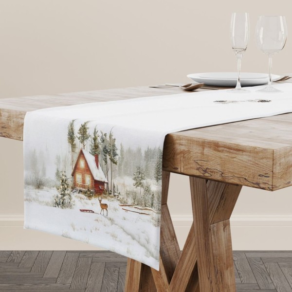 Napron Craciun Glow bumbac 100% cu cabana si peisaj de iarna 40x150cm