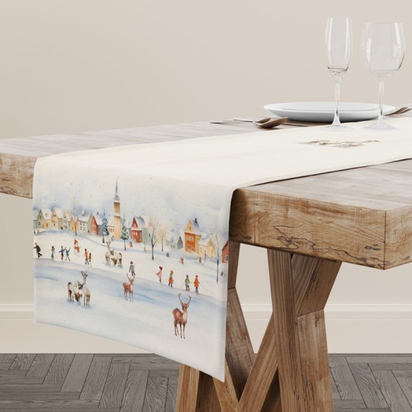 Napron craciun joy bumbac 100% 40x150cm cu peisaj de iarna