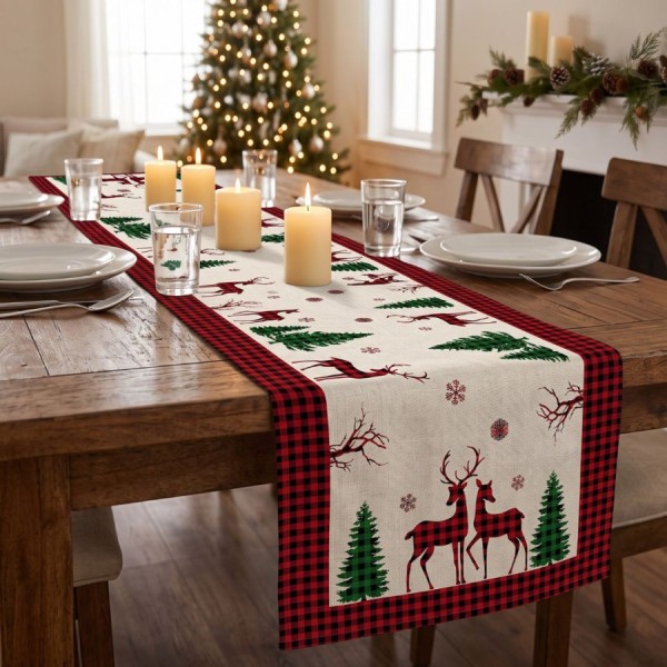 Napron Craciun Santa 40x150cm din bumbac 100% cu reni si brazi