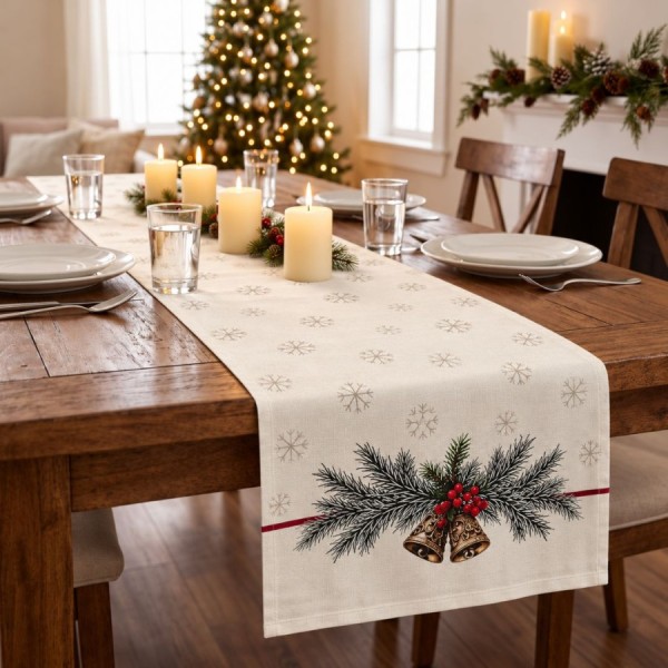 Napron Craciun Holly crem 40x200 cm cu clopotei aurii, crengute de brad si fulgi de nea