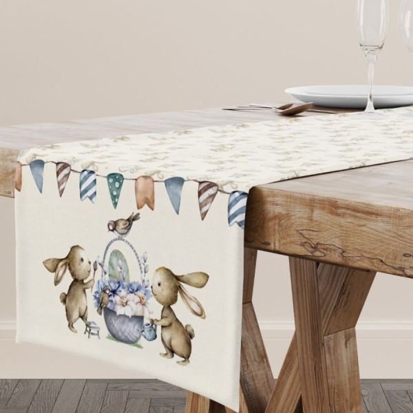 Napron decorativ 40x150 cm bumbac 100 model Feta cu iepurasi ghirlanda si imprimeu jucausi