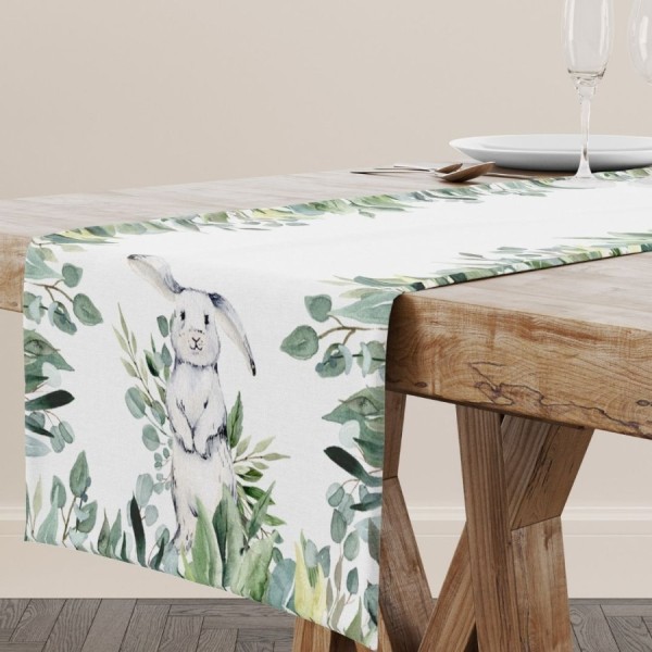 Napron decorativ 40x150 cm bumbac 100% Gizmo cu iepuras si frunze verzi