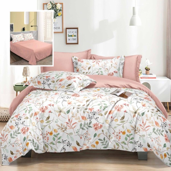 Lenjerie de pat dublu cu flori și frunze pastel pe fundal alb, set 6 piese, lenjerii de pat 1+1 gratis