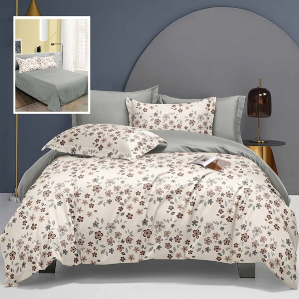 Lenjerie de pat dublu cu imprimeu floral în nuanțe de maro și gri, set de 6 piese, lenjerii de pat 1+1 gratis