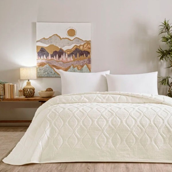 patura embosata TAC Tessra ecru 220x240 cm cu model reliefat utilizata ca patura sau cuvertura decorativa pentru pat