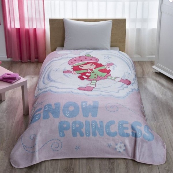 patura de lux TAC Strawberry Princess 160x220 cm roz cu personaj pentru fete si model Snow Princess