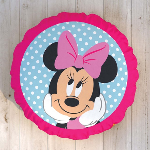 Pernuță decorativă rotundă Disney pentru copii cu Minnie Mouse, în culori roz, negru și alb, diametru 40 cm, cu desene animate detaliate și fundal cu buline.