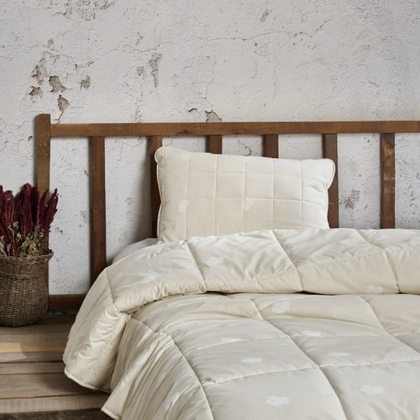 Pilota deluxe iarna 195x215cm matlasata, umplutura lana naturala si fata din bumbac 100%, culoare ecru