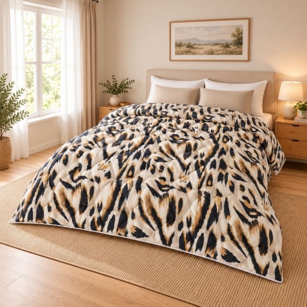 Pilota de iarna din finet 200x220 cm, model Animal print cu pete negre si maro-ocru pe fond crem, Ralex Pucioasa