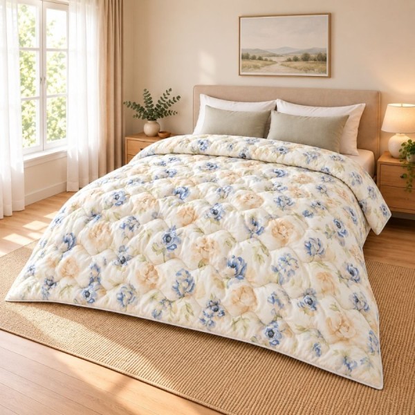 Pilota de iarna din finet 200x220 cm, cu flori bleu si bej si frunze verde pal pe fond crem deschis, Ralex Pucioasa