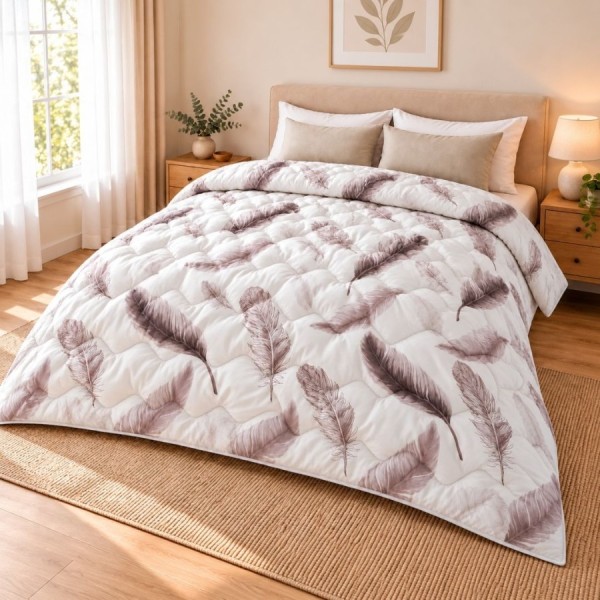 Pilota de iarna din finet 200x220 cm, cu pene maro si taupe pe fond alb, Ralex Pucioasa