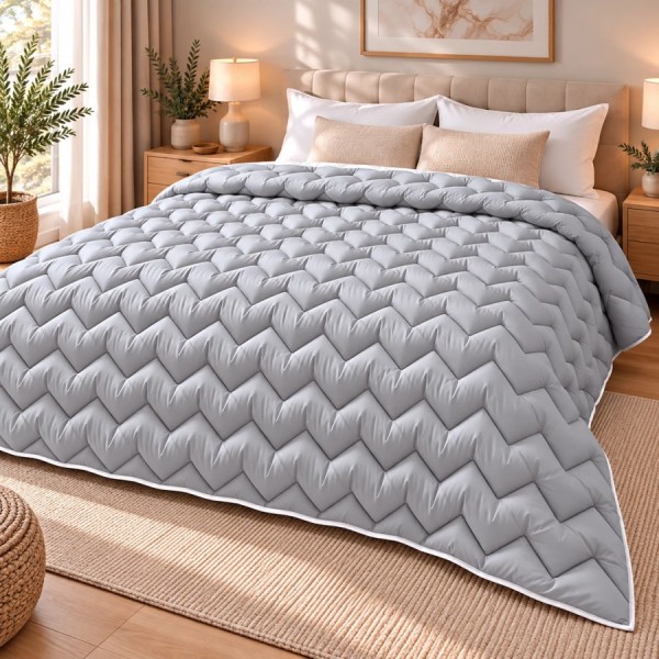 Pilota pufoasa matlasata gri deschis 200x220 cm Ralex Pucioasa, cu model in zigzag si paspoal alb, asezata pe pat matrimonial