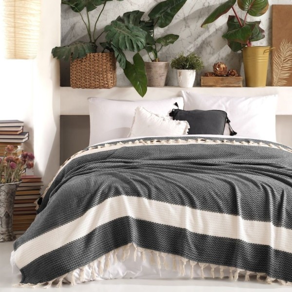 Pled bumbac Seritli Negru/Crem 200x230 cm cu ciucuri și dungi late