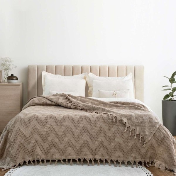 Pled bumbac reciclat Naomi Bej 200x230 cm cu ciucuri și model zig-zag