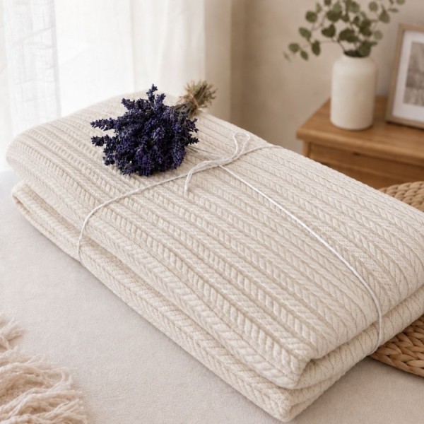 pled tricotat din bumbac crem fildes F35 160x220 cm cu model spic