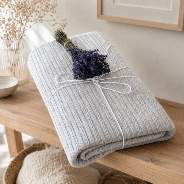 Pled tricotat din bumbac gri deschis 160x220 cm cu model spic