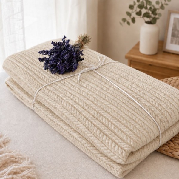 Pled tricotat din bumbac bej deschis F6, 220x240 cm model spic