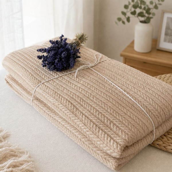 Pled tricotat din bumbac 100% bej 220x240 cm cu model spic