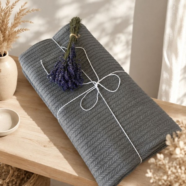 Pled tricotat din bumbac 100% gri inchis 220x240 cm cu model spic