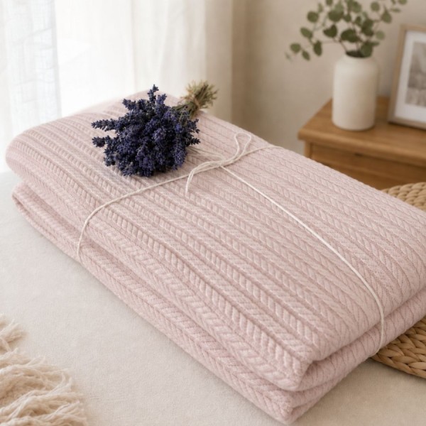 pled tricotat din bumbac roz pudra F13 220x240 cm model spic