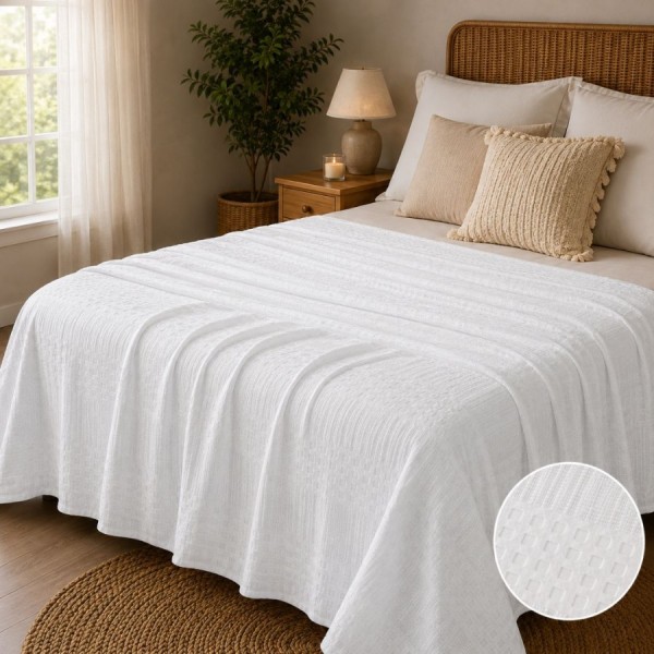 Pled waffle alb din bumbac 100%, 220x240 cm, cu textura gofrata geometrica
