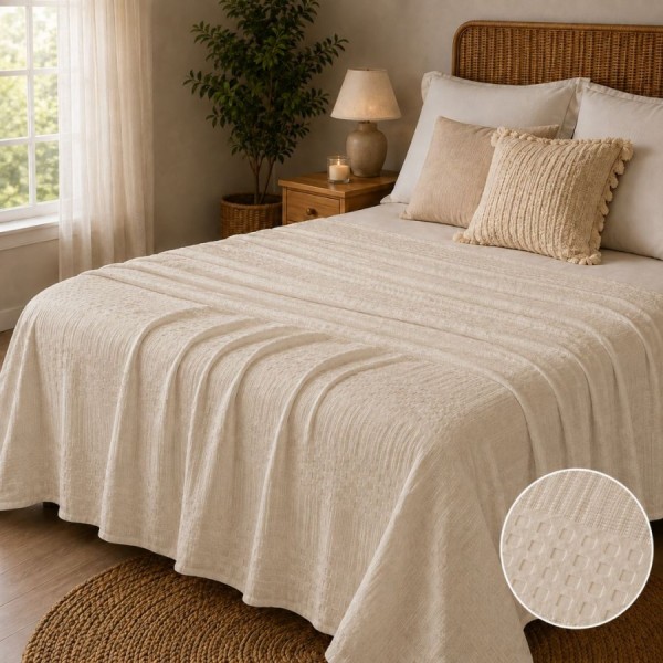 Pled waffle crem din bumbac 100%, 220x240 cm, cu textura gofrata geometrica