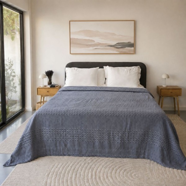 Pled waffle gri din bumbac 100%, 220x240 cm, cu textura gofrata geometrica
