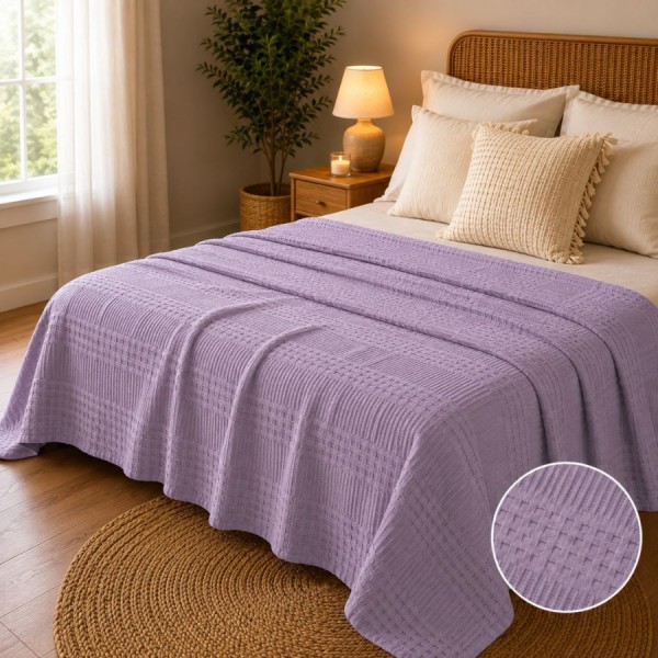 Pled waffle lila din bumbac 100%, 220x240 cm, cu textura gofrata geometrica