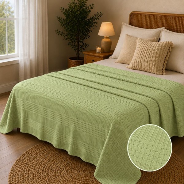 Pled waffle verde din bumbac 100%, 220x240 cm, cu textura gofrata geometrica