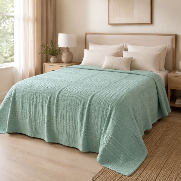 Pled waffle verde salvie din bumbac 100%, 220x240 cm, cu textura gofrata geometrica