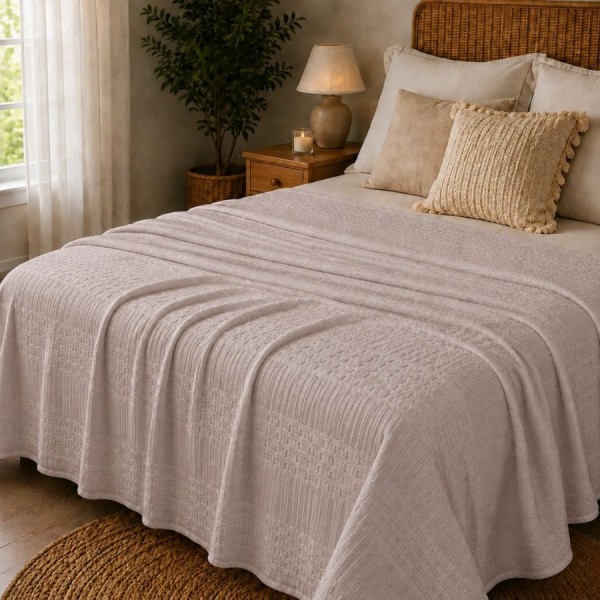 Pled waffle bej din bumbac 100%, 240x260 cm, cu textura gofrata geometrica