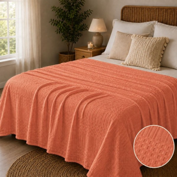 Pled waffle caramiziu din bumbac 100%, 240x260 cm, cu textura gofrata geometrica