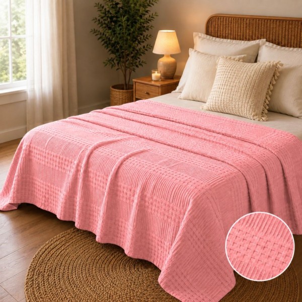 Pled waffle roz din bumbac 100%, 240x260 cm, cu textura gofrata geometrica