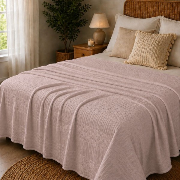 Pled waffle roz pudra din bumbac 100%, 240x260 cm, cu textura gofrata geometrica