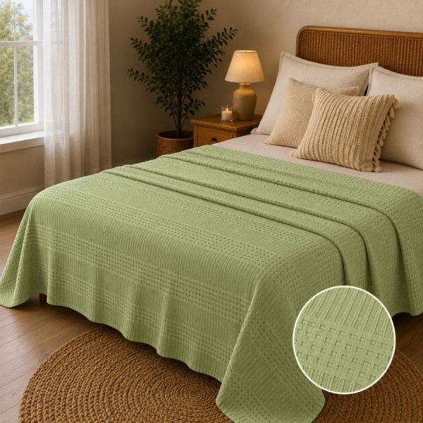 Pled waffle verde din bumbac 100%, 240x260 cm, cu textura gofrata geometrica