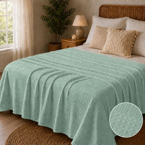 Pled waffle verde salvie din bumbac 100%, 240x260 cm, cu textura gofrata geometrica