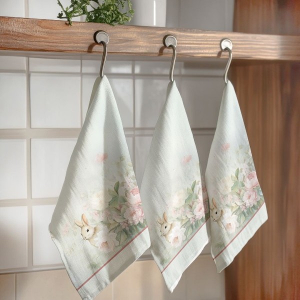 Prosop de bucatarie 45x65 cm bumbac 100 model Romeo cu iepuras si bujori roz
