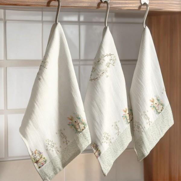 Prosop de bucătărie 45x65cm YoYo din bumbac 100%, cu iepurași și flori delicate pe fundal deschis