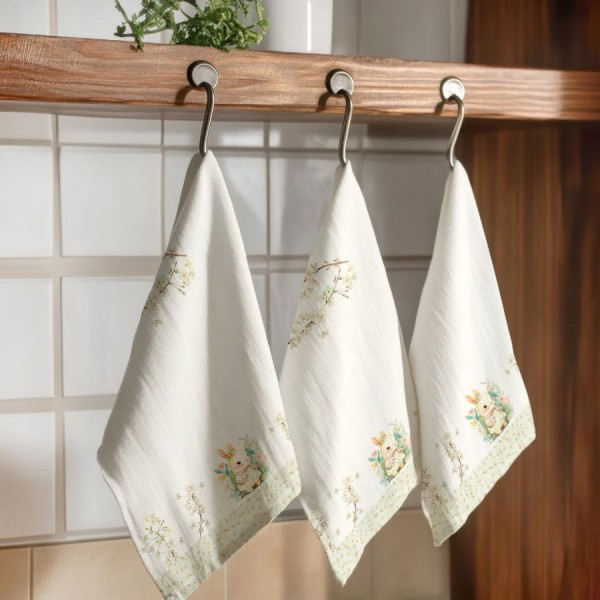 Prosop de bucătărie YoYo din bumbac 100%, cu iepurași și flori delicate pe fundal deschis, ideal pentru decorul festiv de Paște.