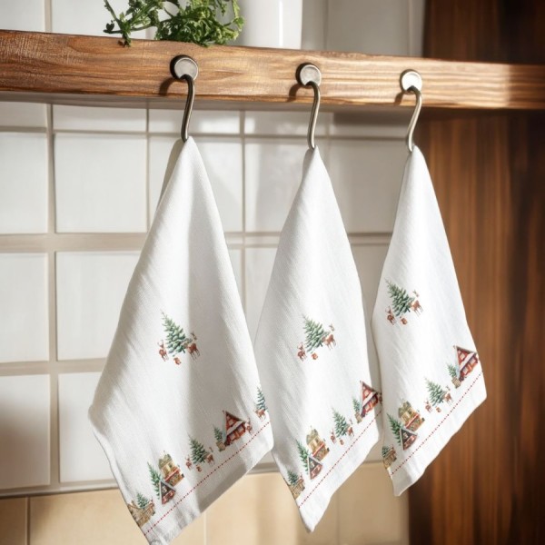 prosop de bucatarie craciun cabin bumbac 100% cu cabane si brazi