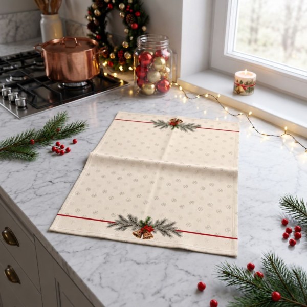 Prosop bucatarie Craciun Holly crem 40x65 cm cu fulgi de zapada, crengute de brad si clopotei aurii
