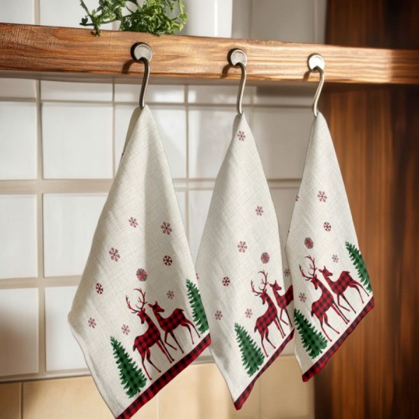 Prosop bucatarie Craciun Santa 40x65cm din bumbac 100% cu reni si brazi