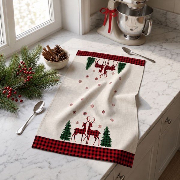 Prosop bucatarie Craciun Santa crem 40x65 cm cu reni in carouri rosii si negre si brazi verzi