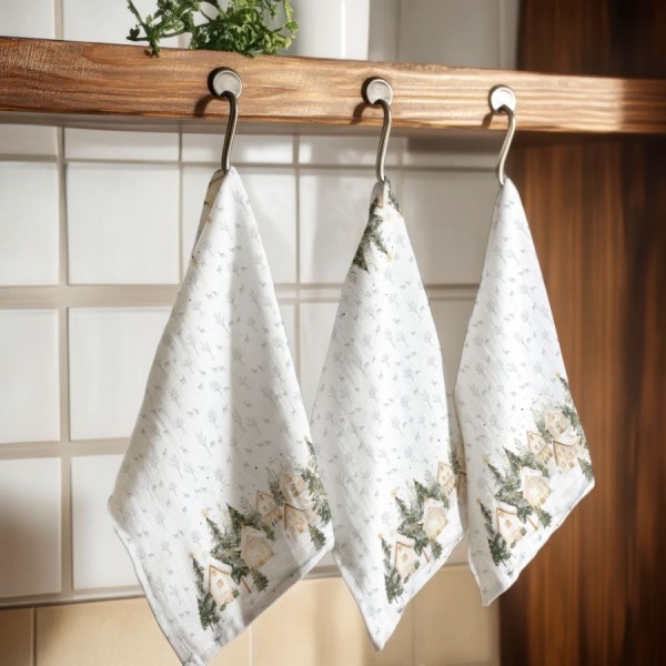 Prosop bucatarie craciun snowy bumbac 100 cu brazi si casute