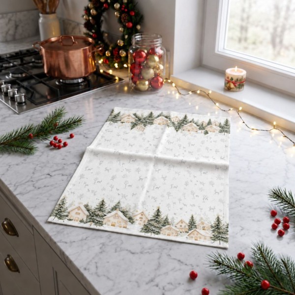 Prosop bucatarie Craciun Snowy alb 40x65 cm cu casute si brazi inzapeziti