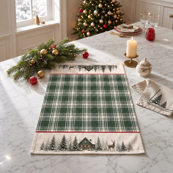 Prosop bucatarie Craciun Vanya 40x65 cm din bumbac cu carouri verzi, cabana, ren si brazi inzapeziti